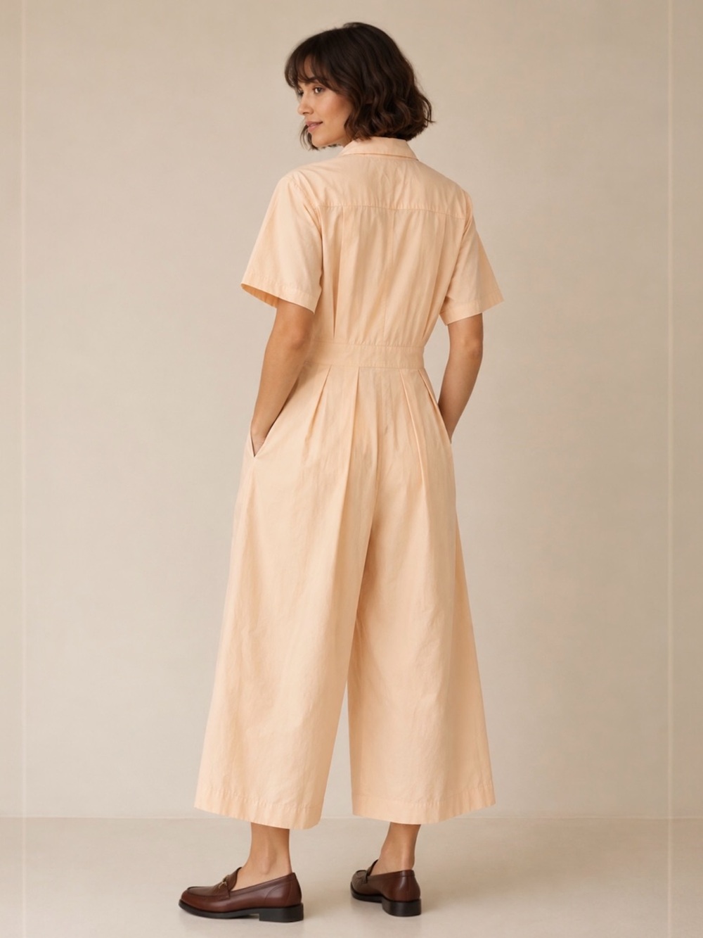 Ritu Kumar Light Beige Wide Leg Jumpsuit Belted Collared Cropped Pants M-L - Picture 8 of 8